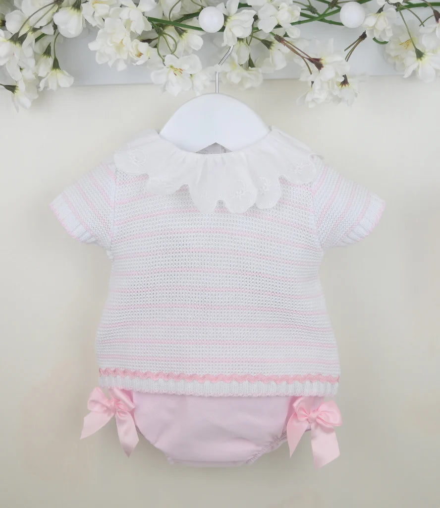 Pex "Tabitha" Pink & White Knitted Top & Jam Pants Set With Bows - B084501405