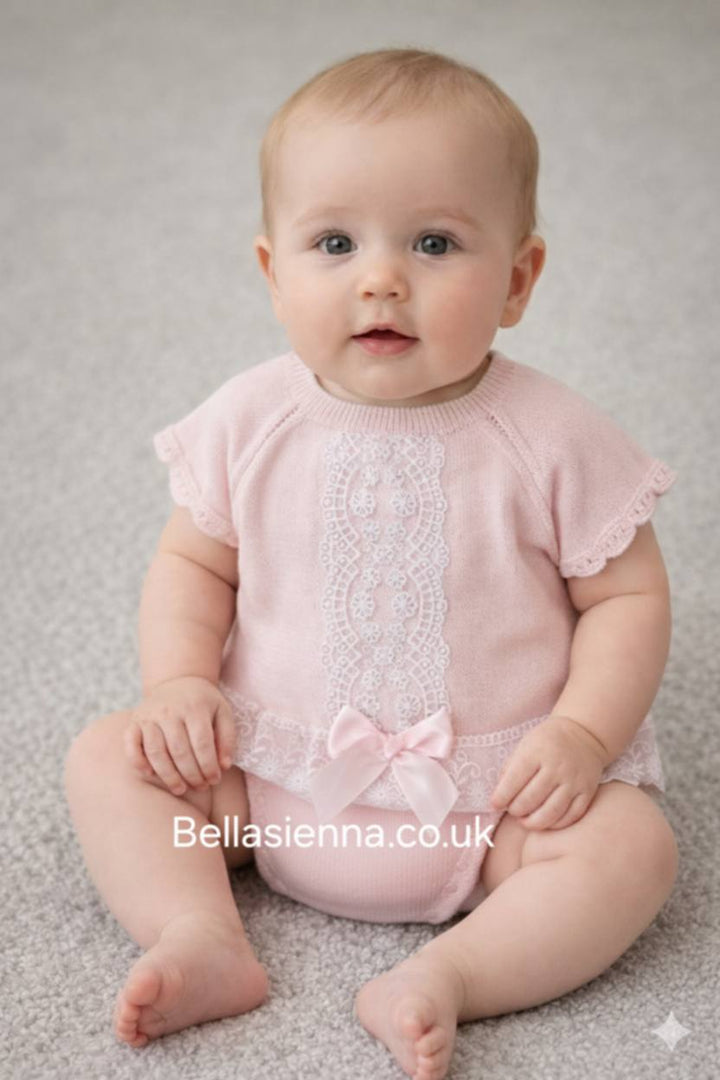 Pex Baby Pink Girls "Lara" Two Piece Knitted Set With Lace Detail - B093601405