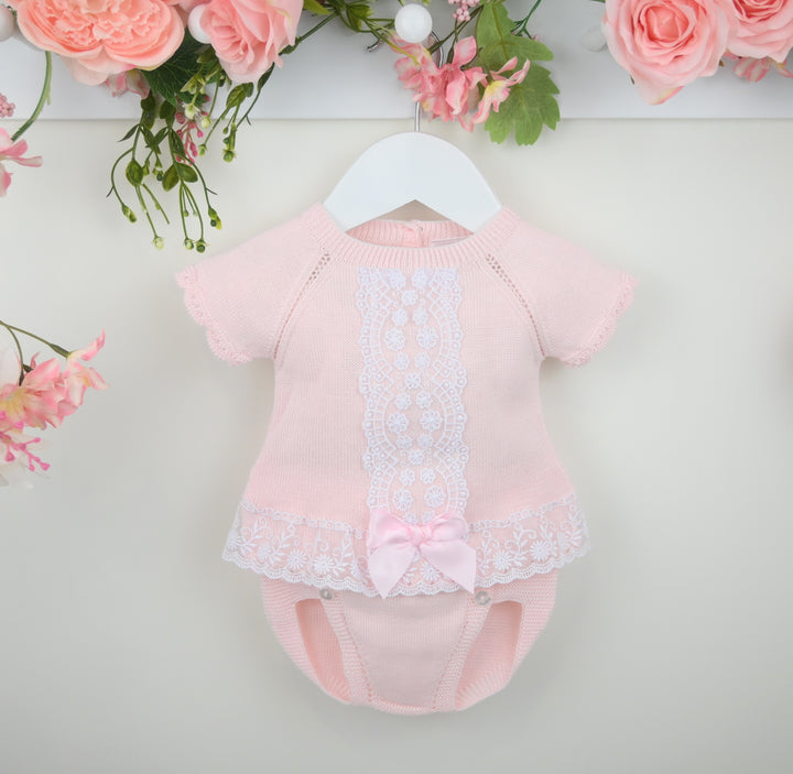 Pex Baby Pink Girls "Lara" Two Piece Knitted Set With Lace Detail - B093601405
