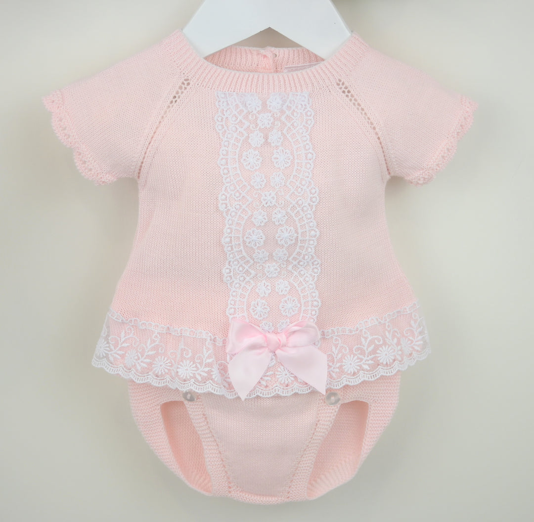Pex Baby Pink Girls "Lara" Two Piece Knitted Set With Lace Detail - B093601405