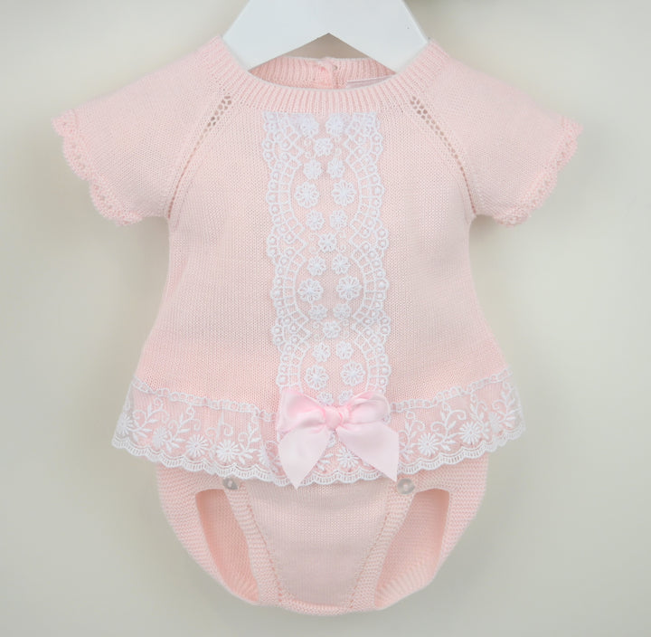 Pex Baby Pink Girls "Lara" Two Piece Knitted Set With Lace Detail - B093601405