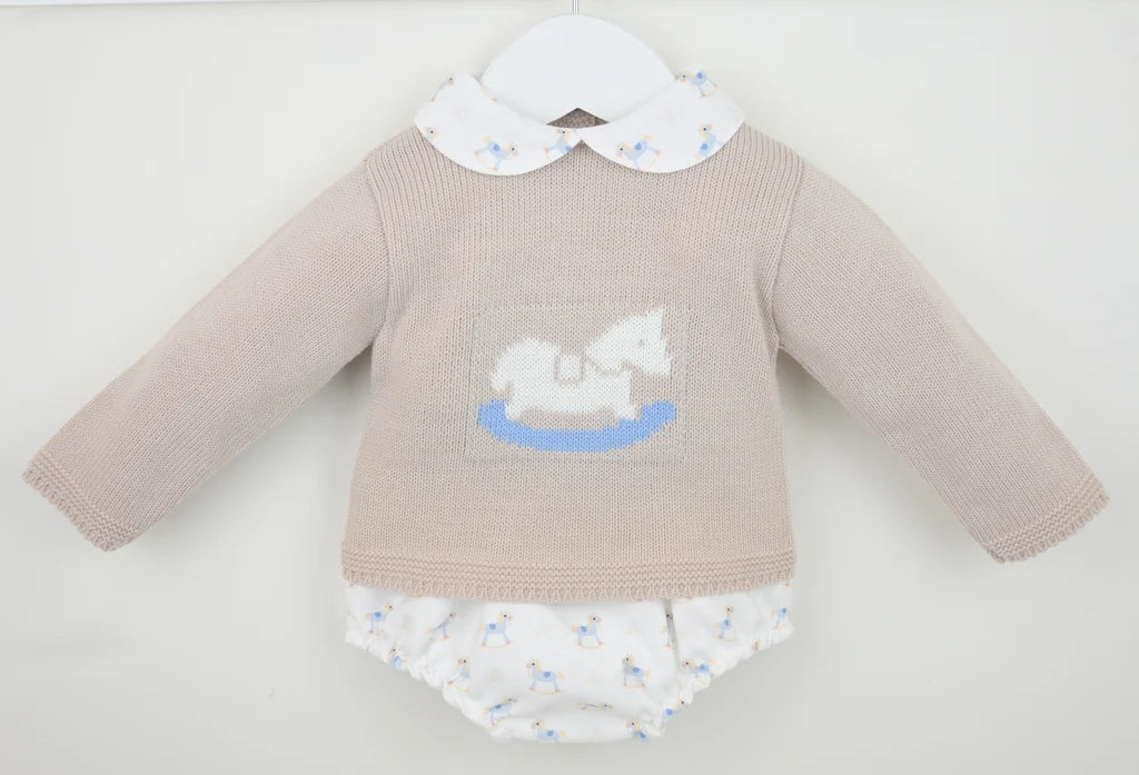 Beige/Natural Rocking Horse Two Piece Pants Set - B097501530