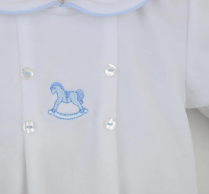 White & Blue Rocking Horse Velour All In One Babygrow - "George"