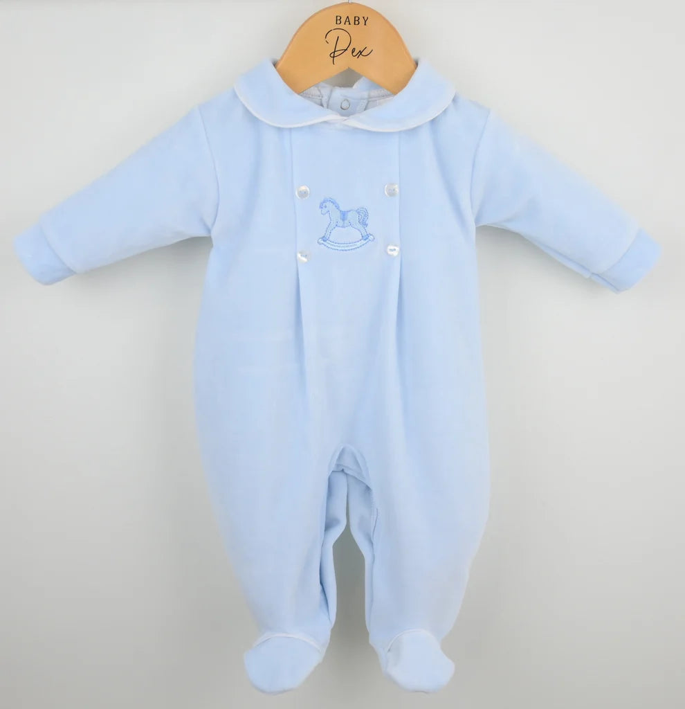 Blue Rocking Horse Velour All In One Babygrow - "George"