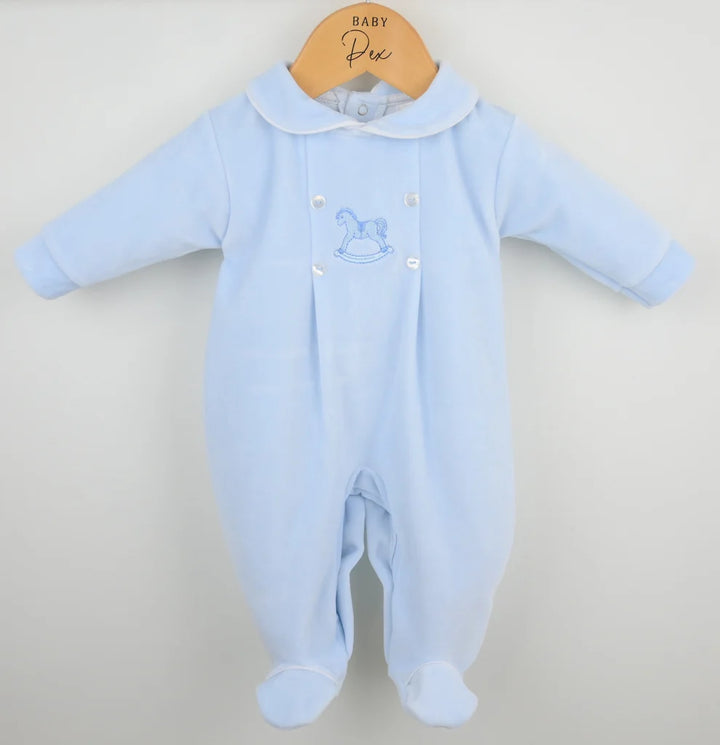 Blue Rocking Horse Velour All In One Babygrow - "George"