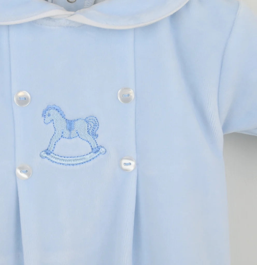 Blue Rocking Horse Velour All In One Babygrow - "George"