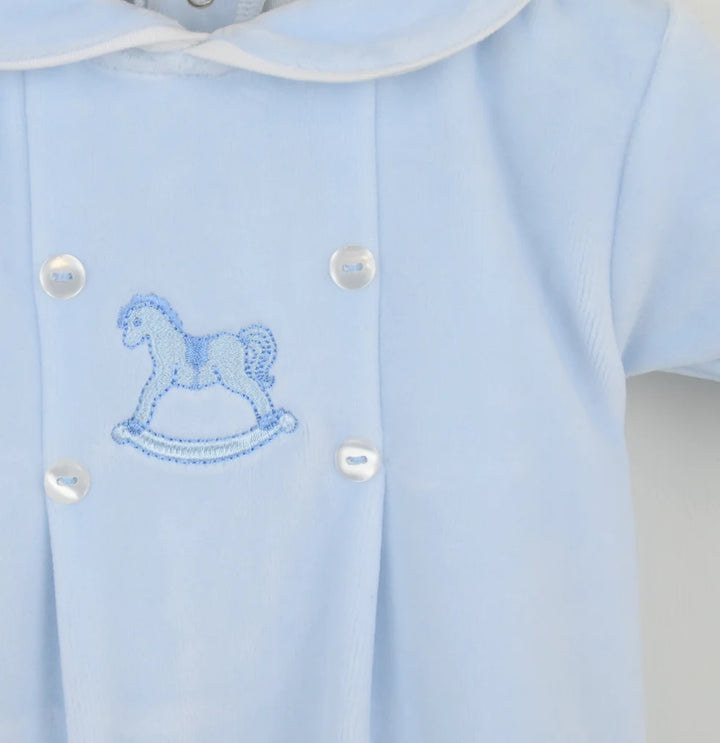 Blue Rocking Horse Velour All In One Babygrow - "George"