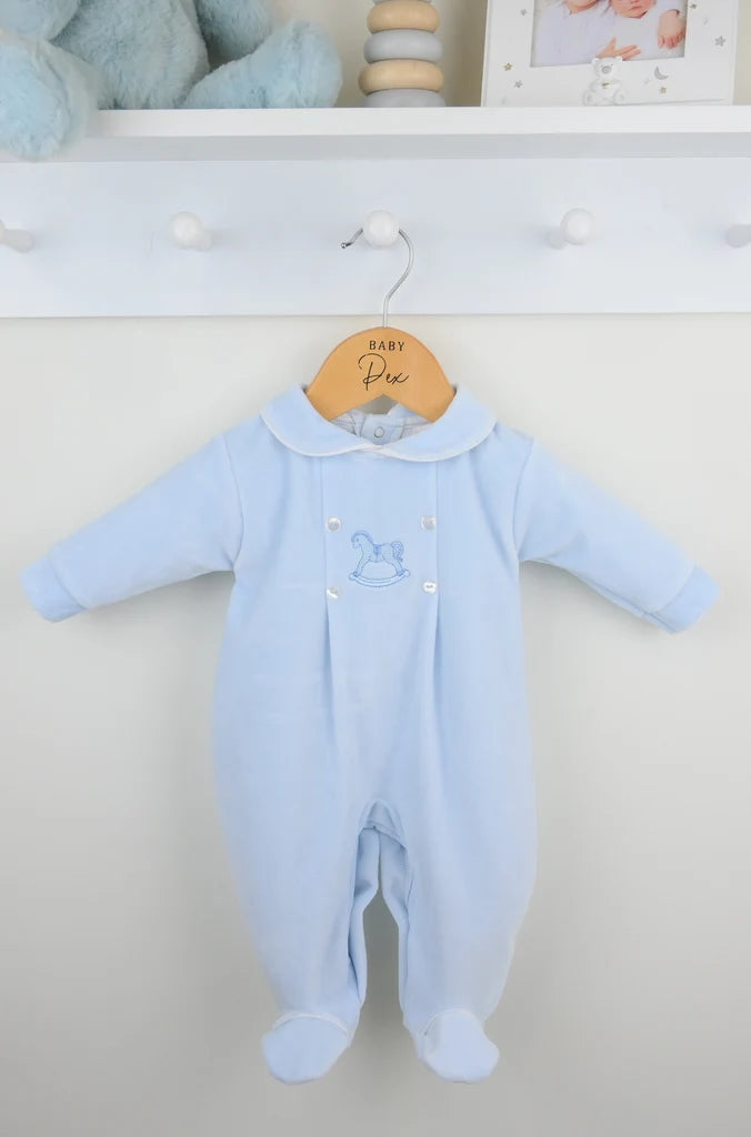 Blue Rocking Horse Velour All In One Babygrow - "George"