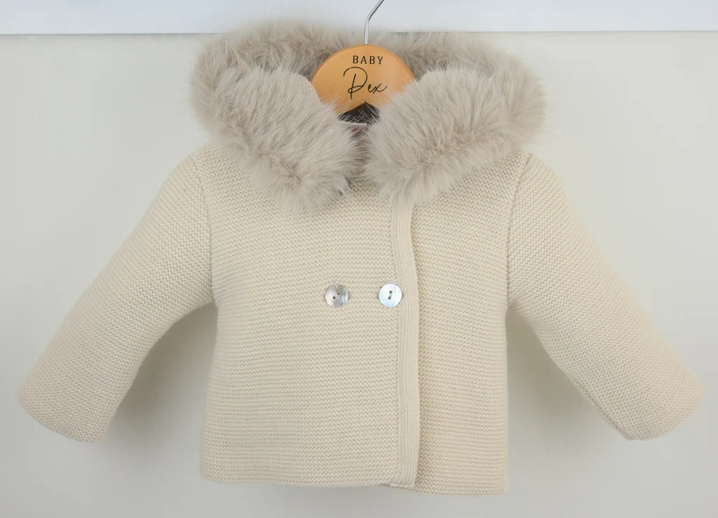 "Sabrina" Unisex Beige/Natural Knitted Jacket/Coat With Fur Trim Hood