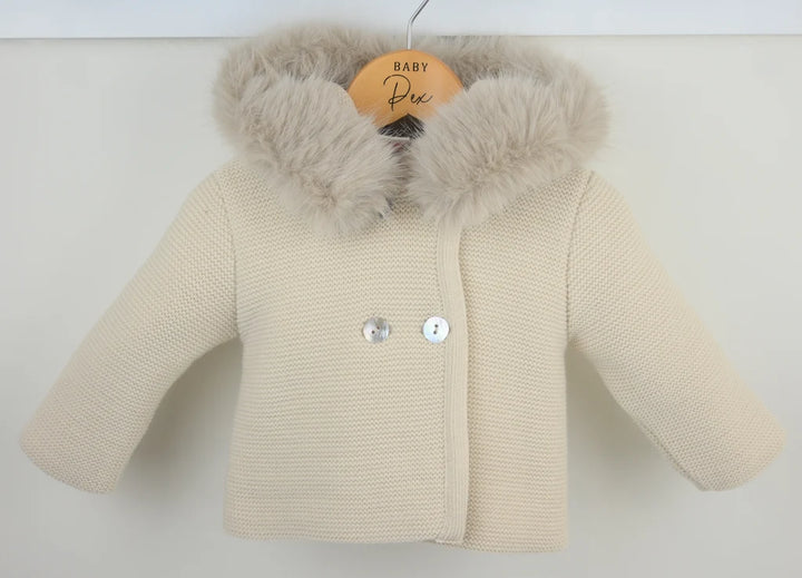 "Sabrina" Unisex Beige/Natural Knitted Jacket/Coat With Fur Trim Hood