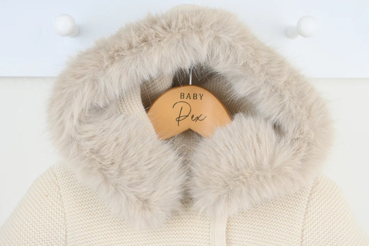 "Sabrina" Unisex Beige/Natural Knitted Jacket/Coat With Fur Trim Hood