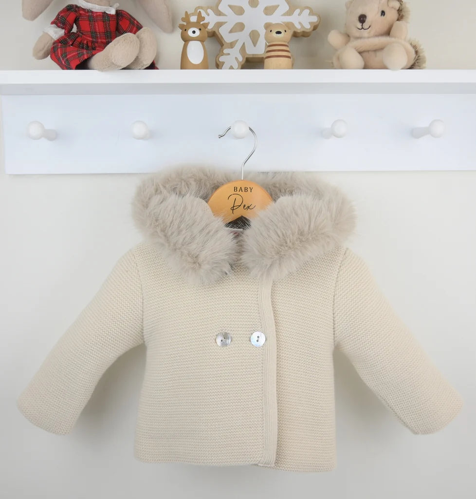 "Sabrina" Unisex Beige/Natural Knitted Jacket/Coat With Fur Trim Hood