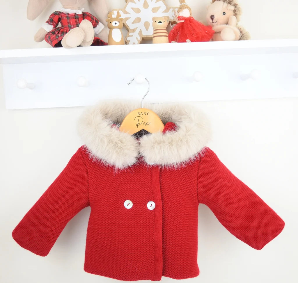 "Sabrina" Unisex Red Knitted Jacket/Coat With Fur Trim Hood