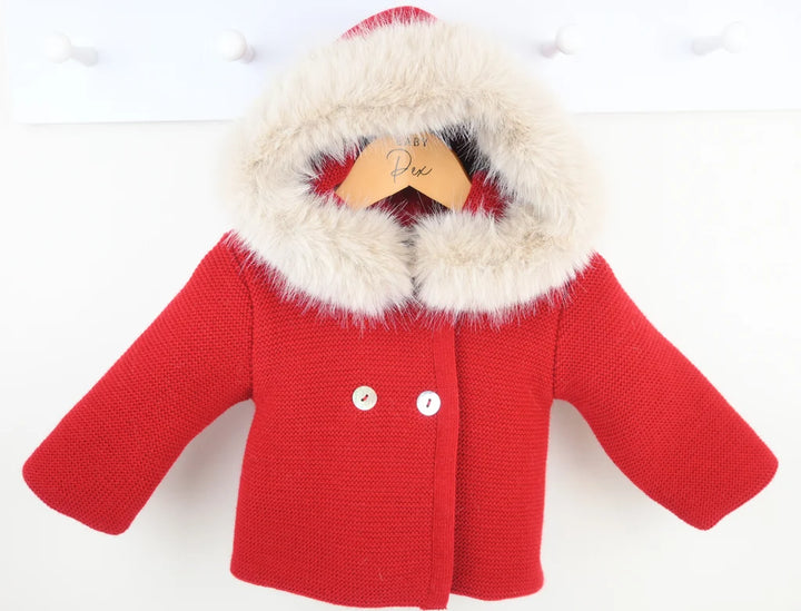 "Sabrina" Unisex Red Knitted Jacket/Coat With Fur Trim Hood