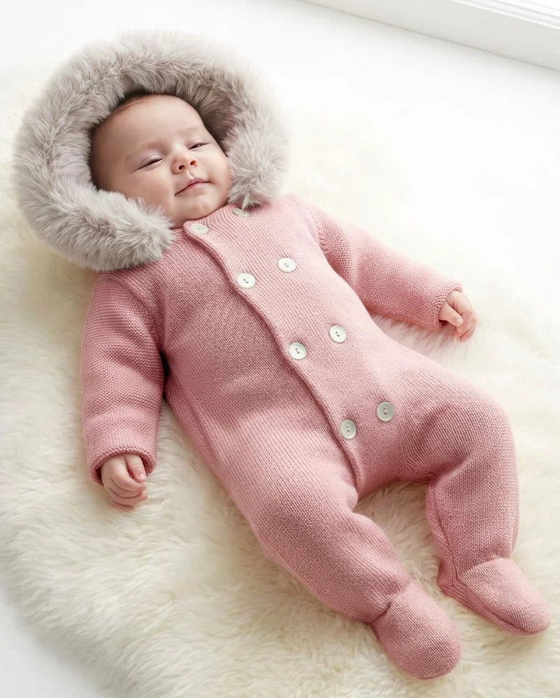 "Sabrina" Dusky Pink Girls Knitted Snowsuit With Fur Trim Hood