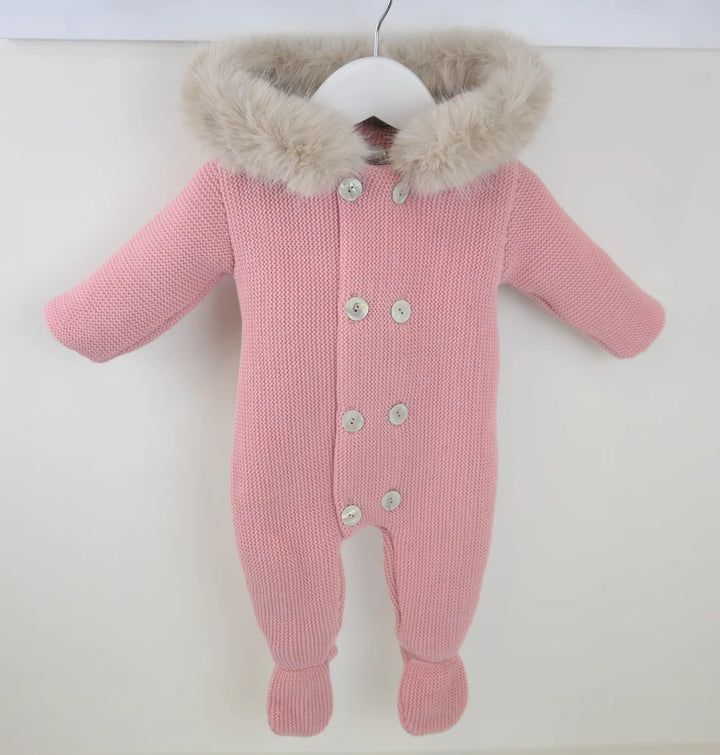 "Sabrina" Dusky Pink Girls Knitted Snowsuit With Fur Trim Hood