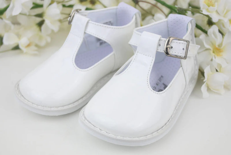 "Stef" Pex White Patent Leather Unisex T Bar Shoes