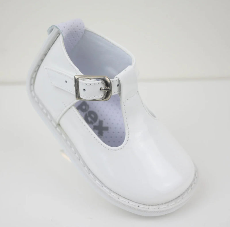 "Stef" Pex White Patent Leather Unisex T Bar Shoes