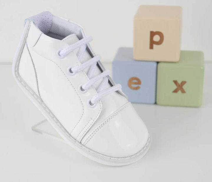 White Patent Leather "Mason" Shoe, Lace Up Boot