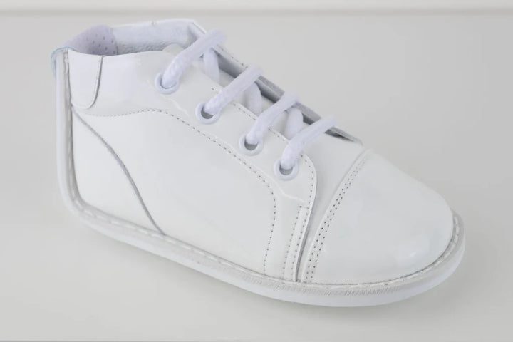 White Patent Leather "Mason" Shoe, Lace Up Boot