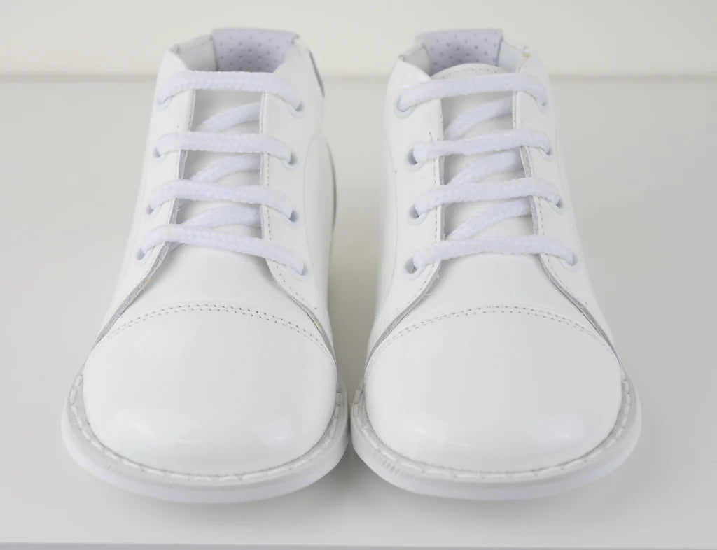 White Patent Leather "Mason" Shoe, Lace Up Boot