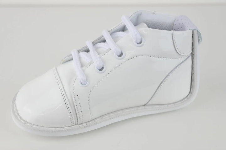 White Patent Leather "Mason" Shoe, Lace Up Boot