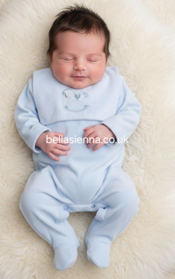 Blues Baby Blue Velour Rocking Horse Embroidered Unisex Babygrow - BB0150