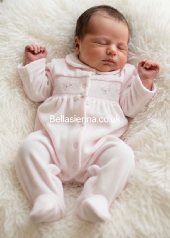 Blues Baby Girls Pink Velour All In One Smocked Teddy Bear Babygrow Sleepsuit - BB2066P