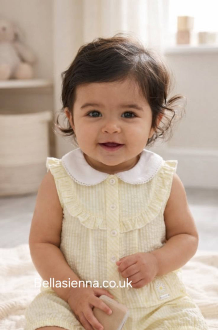 Blues Baby Lemon & White Seersucker Girls Frilly Romper - BB2269