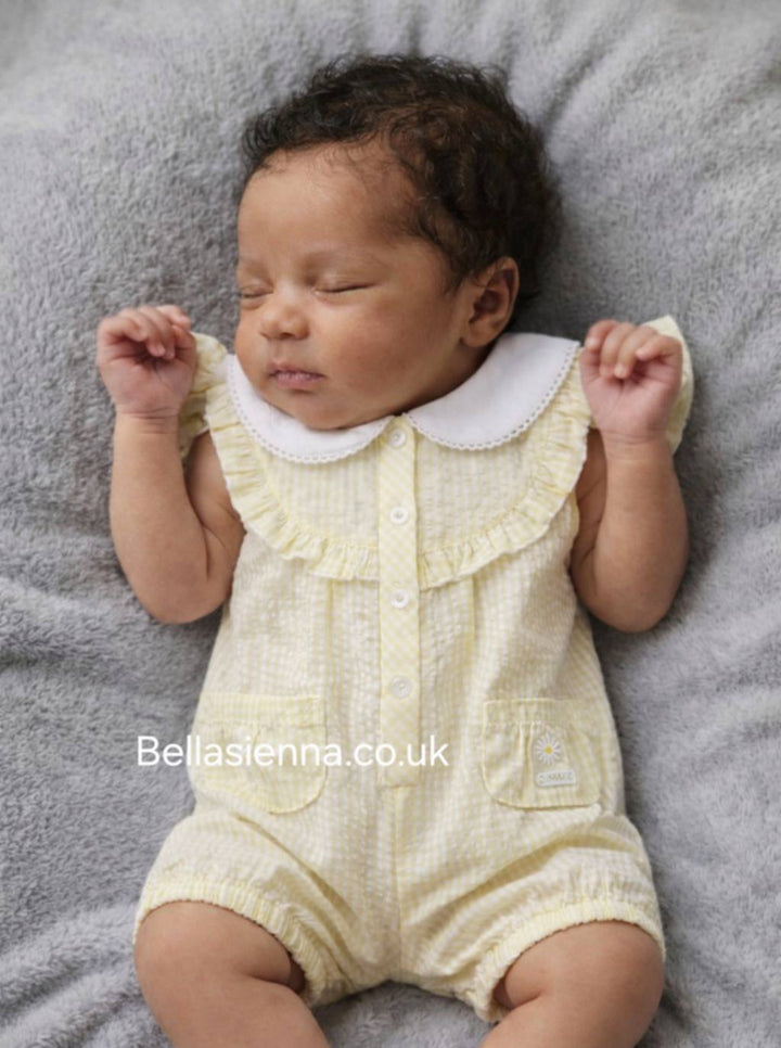 Blues Baby Lemon & White Seersucker Girls Frilly Romper - BB2269