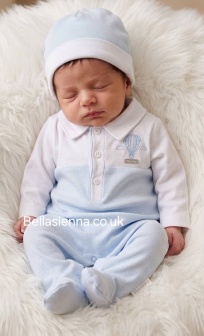 Blues Baby Blue & White Hot Air Balloon All In One Babygrow & Matching Hat - BB2278