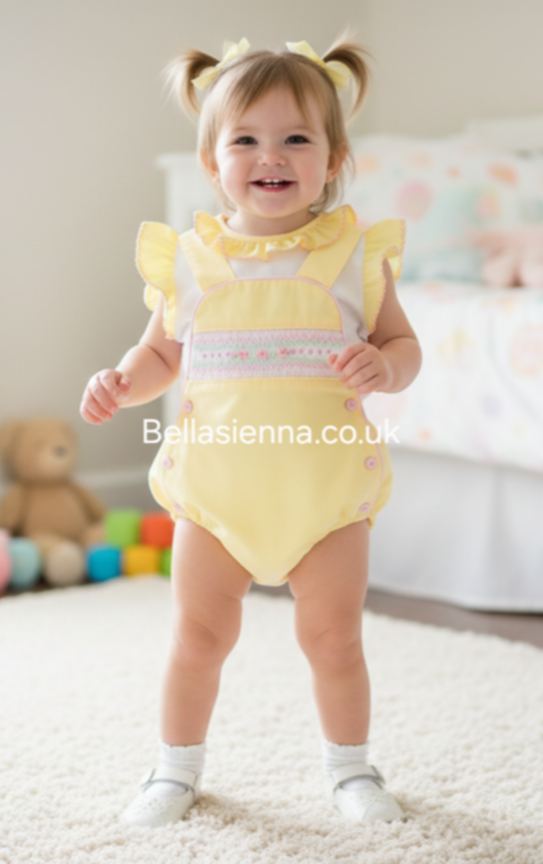 Pretty Originals *Hand Smocked Lemon, Pink & White Romper & Blouse Set - BD02166