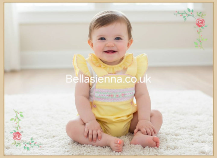 Pretty Originals *Hand Smocked Lemon, Pink & White Romper & Blouse Set - BD02166