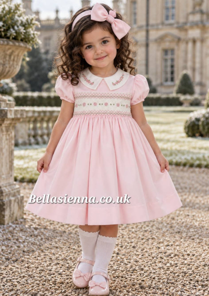 Pretty Originals Pink & Cream Hand Smocked Dress With Embroidered Flowers & Headband BD02214