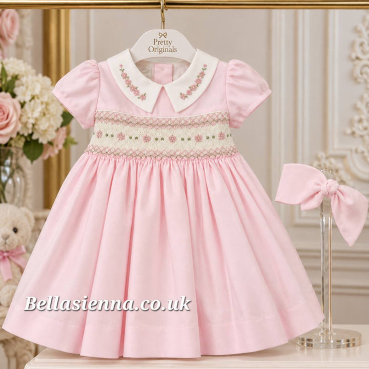 Pretty Originals Pink & Cream Hand Smocked Dress With Embroidered Flowers & Headband BD02214