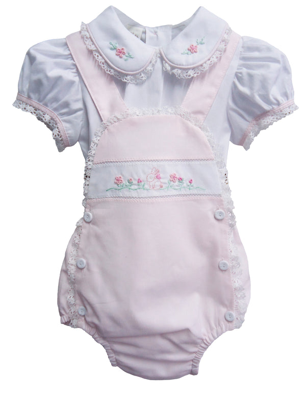 Pretty Originals Pink & White Bunny Rabbit Embroidered Romper Set - BD02229