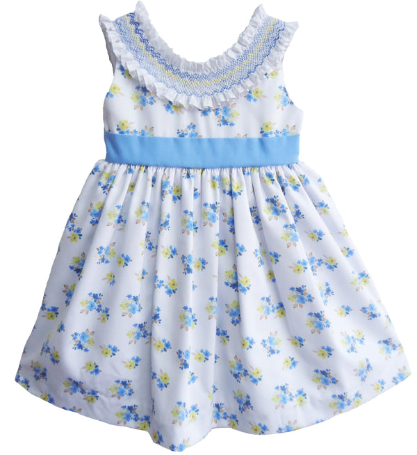 Pretty Originals Aqua & White Floral Print, Hand Smocked Summer Dress - BD02249