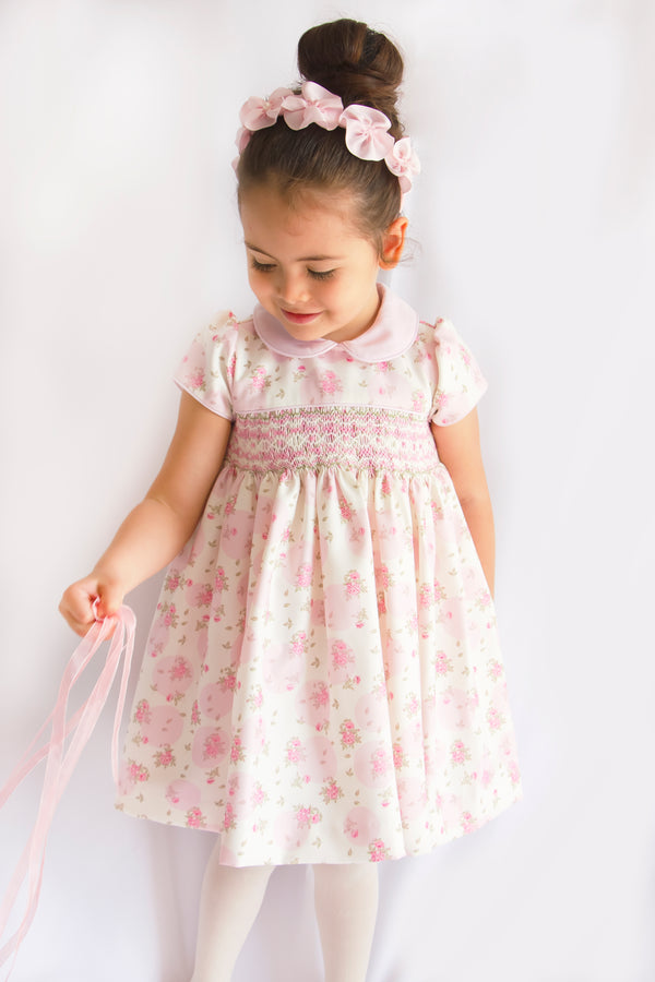 Pretty Originals Pink & Ivory Print Hand Smocked Dress & Matching Headband - BD02262