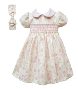 Pretty Originals Pink & Ivory Print Hand Smocked Dress & Matching Headband - BD02262