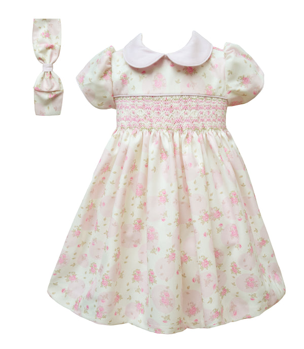Pretty Originals Pink & Ivory Print Hand Smocked Dress & Matching Headband - BD02262