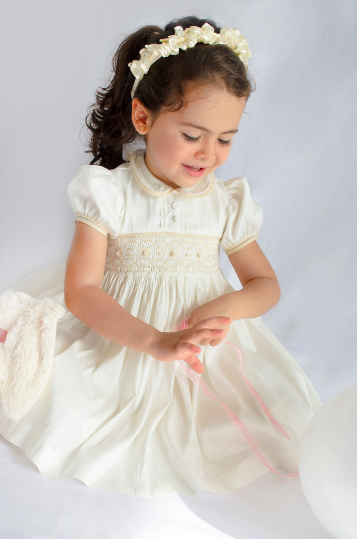 Pretty Originals Hand Smocked "Luxe" Fabric Dress With Built In Underskirt - BD02289 -Cream