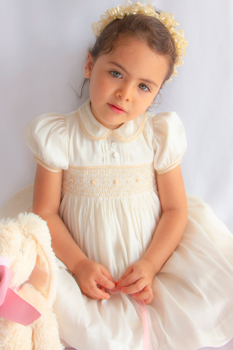 Pretty Originals Hand Smocked "Luxe" Fabric Dress With Built In Underskirt - BD02289 -Cream