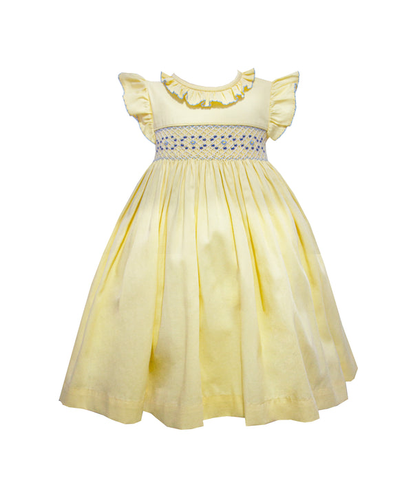 Pretty Originals Girls Lemon, Blue & Navy Hand Smocked Traditional Dress - BD02307