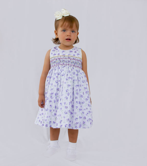 Pretty Originals Girls Lilac & Lemon Floral Hand Smocked Traditional Dress & Headband - BD02323