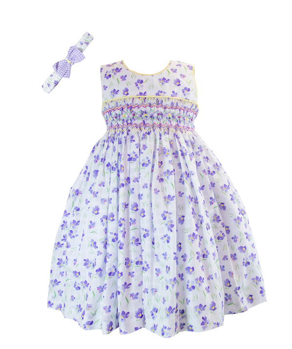 Pretty Originals Girls Lilac & Lemon Floral Hand Smocked Traditional Dress & Headband - BD02323
