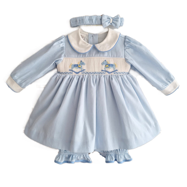 Pretty Originals Girls Blue Smocked Rocking Horse Dress, Bloomers & Headband - BD02337
