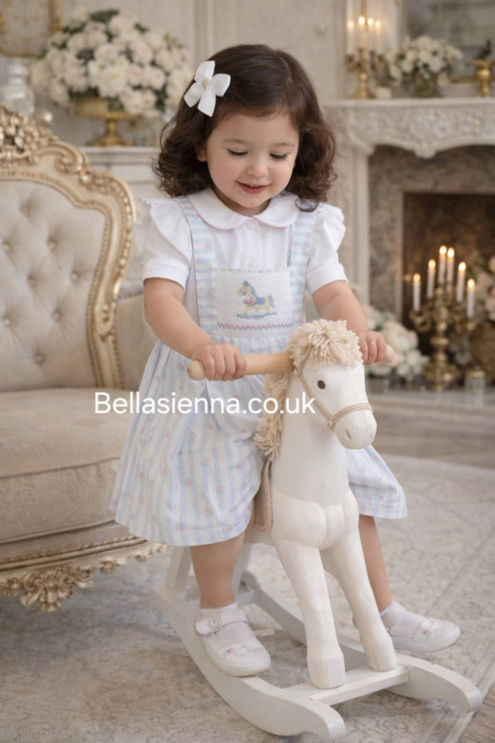 Pretty Originals Girls Smocked Pinafore Dress & Blouse Set With Embroidered Rocking Horse - BD02373
