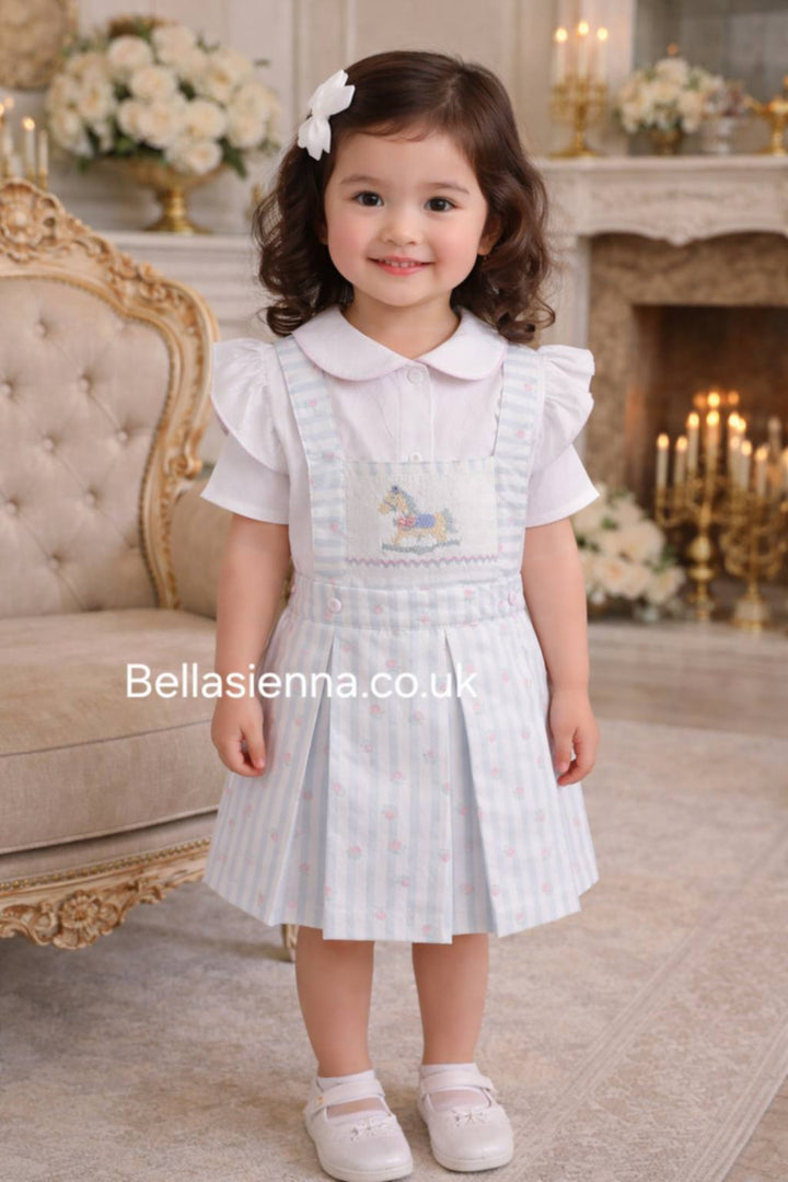 Pretty Originals Girls Smocked Pinafore Dress & Blouse Set With Embroidered Rocking Horse - BD02373