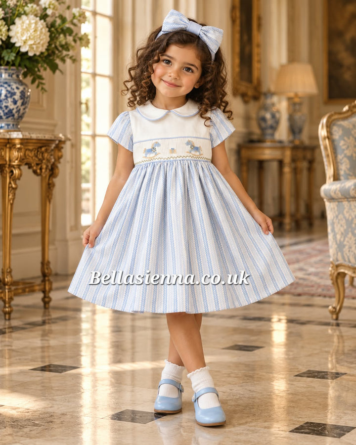 Pretty Originals Pale Blue Herringbone Hand Smocked Dress With Embroidered Rocking Horse & Matching Headband  - BD02413G