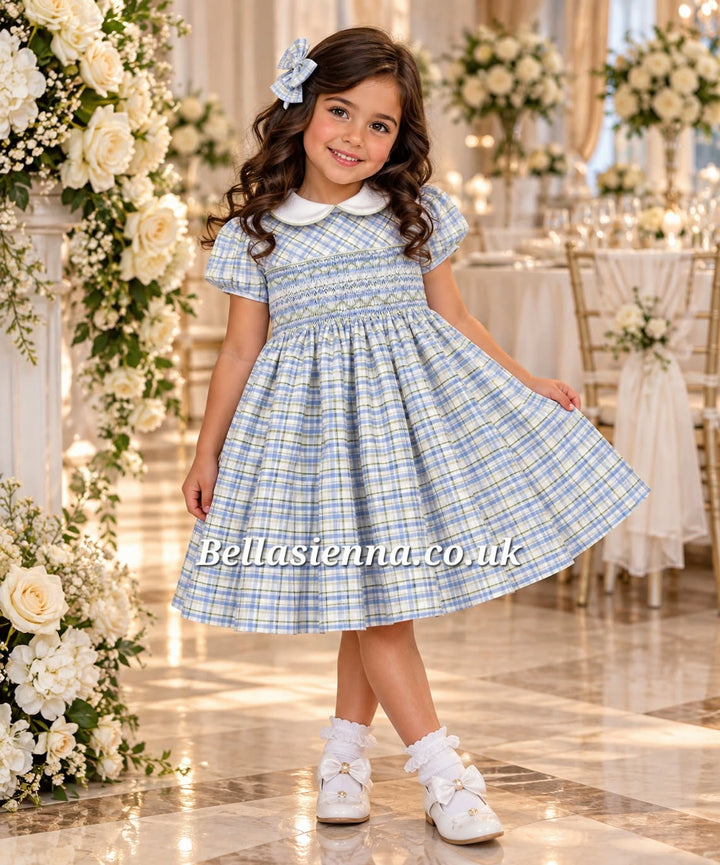 Pretty Originals Girls Pale Blue Check Hand Smocked Dress & Matching Headband - BD02411E